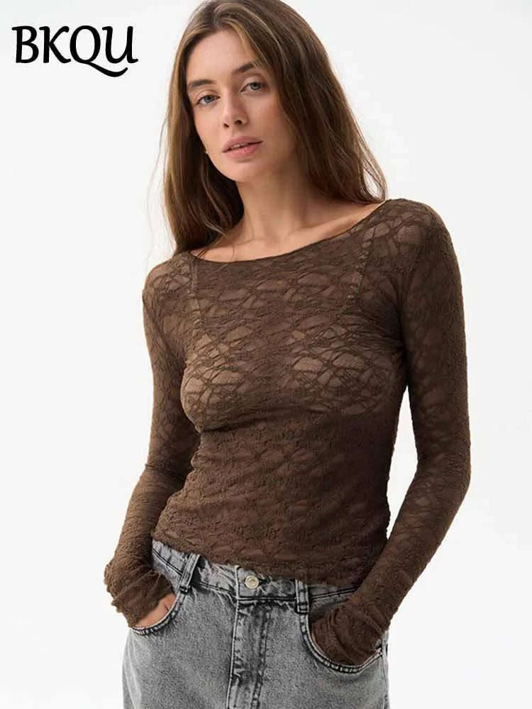 BKQU Lace See-Through Crop Tops Women Sexy Long Sleeve O-neck Slim T Shirt Elegant Hollow Out Sheer Y2K Lady Streetwear Tops New