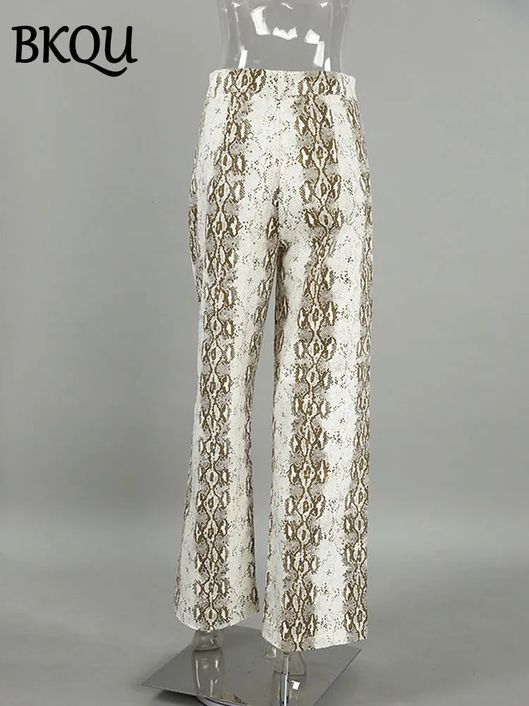 BKQU Snake Printed Fashion Straight Pants Women High Waist Pleated Loose Casual Wide Leg Trousers 2025 Spring Female Streetwear
