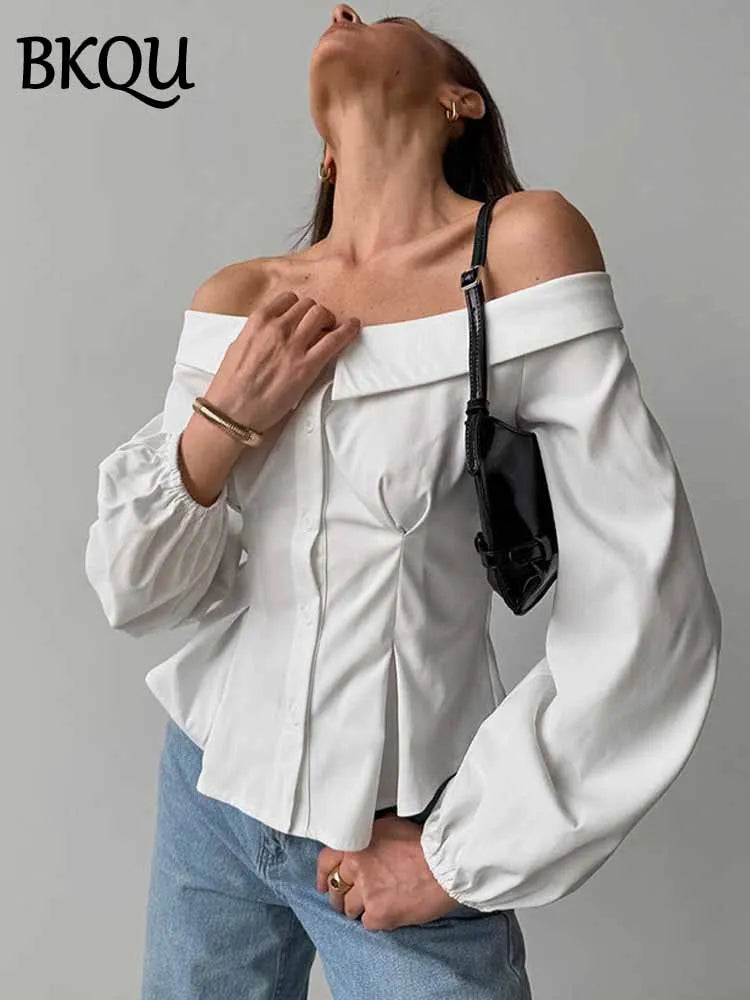 BKQU Elegant Off Shoulder Women Lantern Sleeve Shirt Tops White Slim Single Breasted Ruched French Blouse 2025 Spring Streetwear