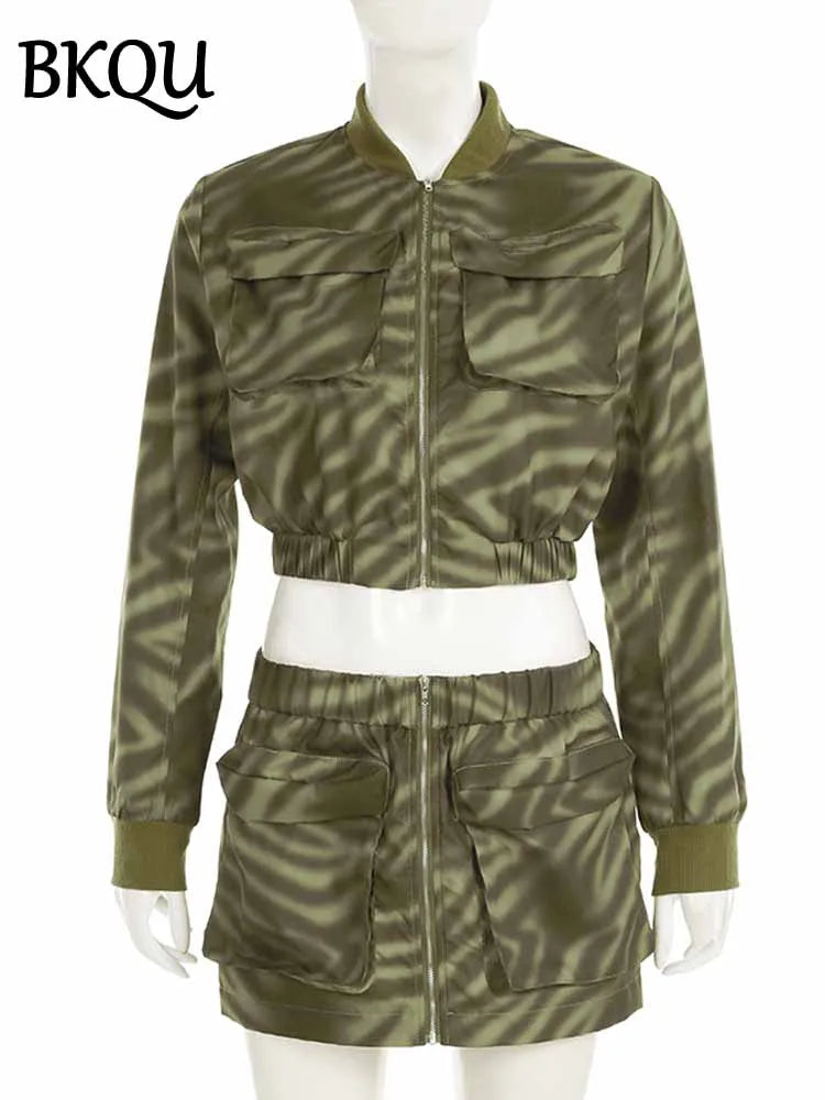 BKQU Camouflage Patchwork 2 Piece Set Women Cargo Large Pocket Zip Crop Jackets And Mini Skirt Suits Punk Hipster Y2K Streetwear