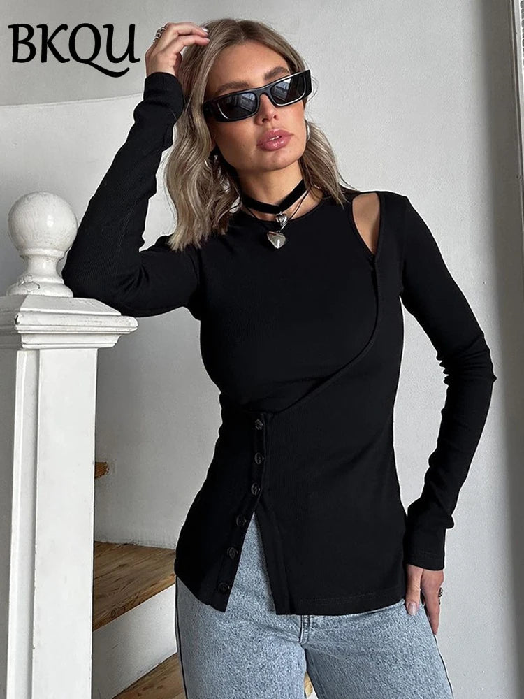 BKQU Sexy Hollow Out T Shirt Woman Black Long Sleeve Ribbed Tee Tops Autumn Casual Slim O Neck Button Streetwear T-shirt 2024