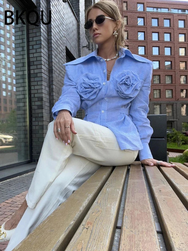 2024 New 3D Three-Dimensional Floral Blouses Women Elegant Long Sleeve Lapel Plaid Shirt Jacket Buttons Wide Shoulder Blouse Top