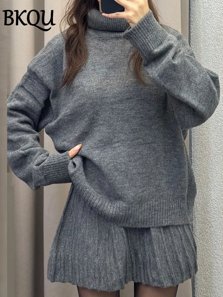 BKQU Sweater Skirt Sets For Women 2 Pieces Knit Casual Versatile Long Sleeve Pullover Elegant Solid High Waist Mini Skirt Outfit