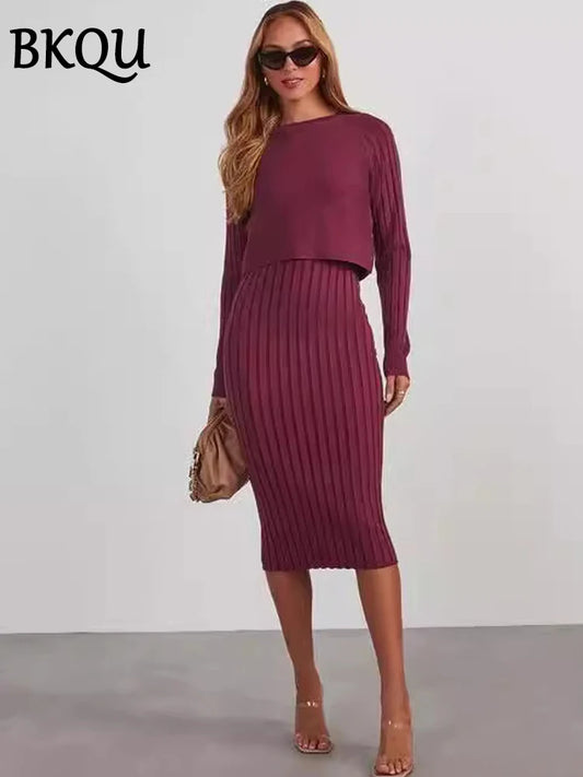 BKQU Knitted Dress Sets Women Sleeveless Square Collar Midi Dress and Long Sleeve O-neck Ribber Sweater Elegant Two Piece Set