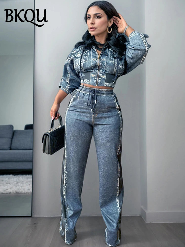 BKQU Printed Fake Denim Women Pants Suit Hooded Cardigan Zipper Jacket and Wide Leg Pants Two Piece Sets Fashion Retro Outfits