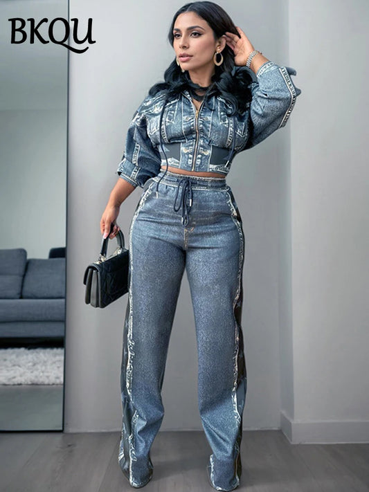 BKQU Printed Fake Denim Women Pants Suit Hooded Cardigan Zipper Jacket and Wide Leg Pants Two Piece Sets Fashion Retro Outfits