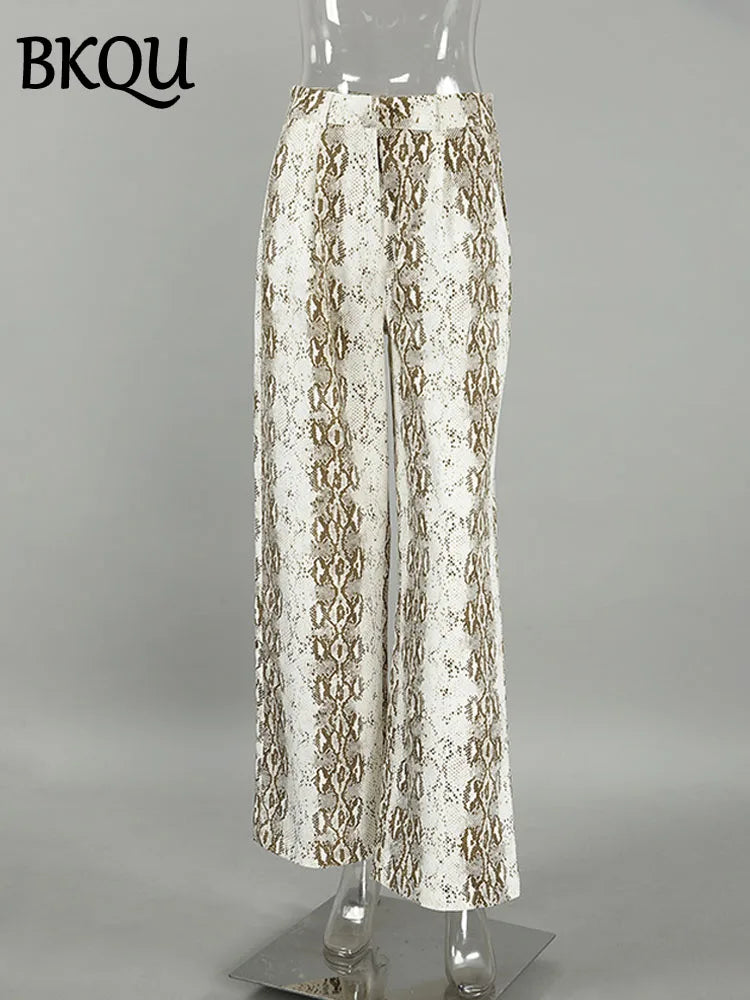 BKQU Snake Printed Fashion Straight Pants Women High Waist Pleated Loose Casual Wide Leg Trousers 2025 Spring Female Streetwear