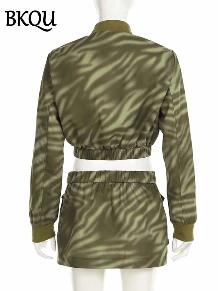 BKQU Camouflage Patchwork 2 Piece Set Women Cargo Large Pocket Zip Crop Jackets And Mini Skirt Suits Punk Hipster Y2K Streetwear