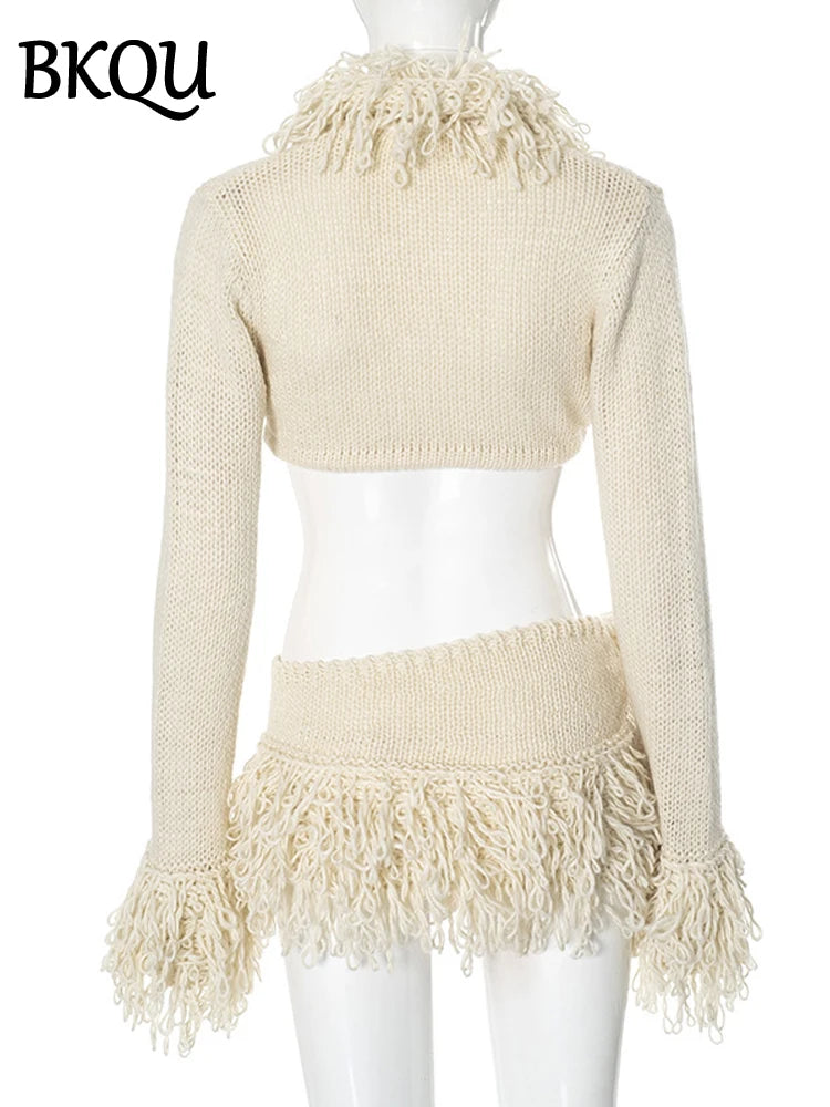 BKQU Knitted Tassels Women 2 Piece Set Long Sleeve Lace-Up Cardigan Sweater and Mini Skirts Matching Sexy Party Clubwear Winter