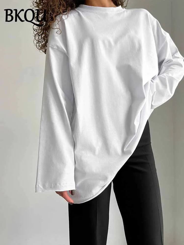 BKQU 100%Cotton T-shirt Women's Classic 2025 Spring O-Neck Long Sleeved Oversize T Shirt  Loose Casual Solid Color Pullover Tops