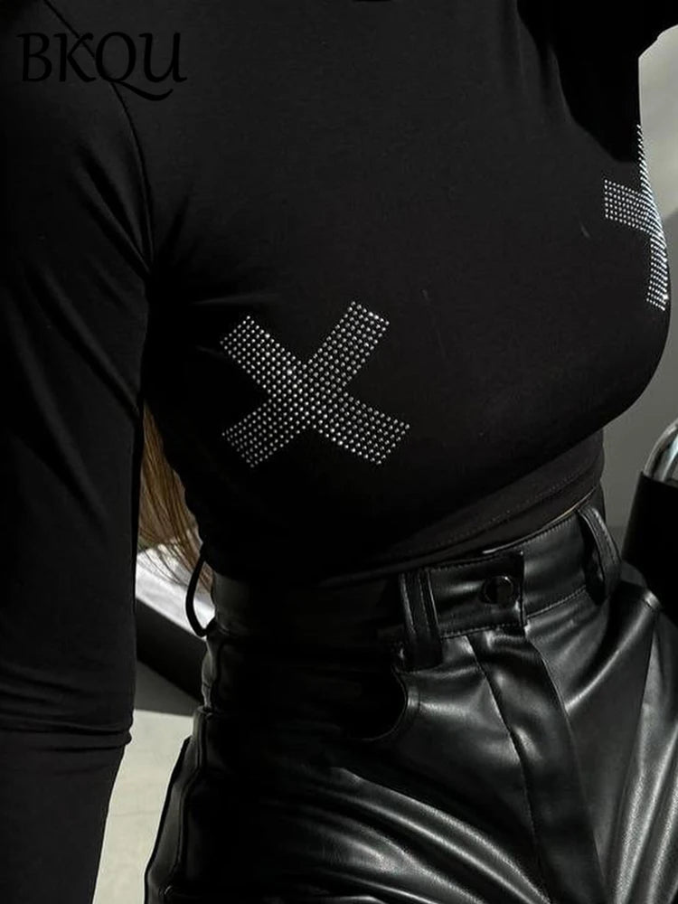 BKQU Graphic Rhinestone Long Sleeve Crop Tops Women Black O-neck Elastic Skinny Diamond T Shirts Y2k Chic Streetwear Tees 2024
