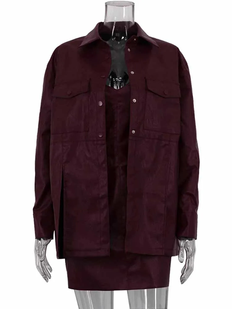 BKQU Street Leather Women 2 Piece Set Elegant Long Sleeve Button Shirt Coat Spaghetti Strap Mini Dress PU Female Suits Wine Red