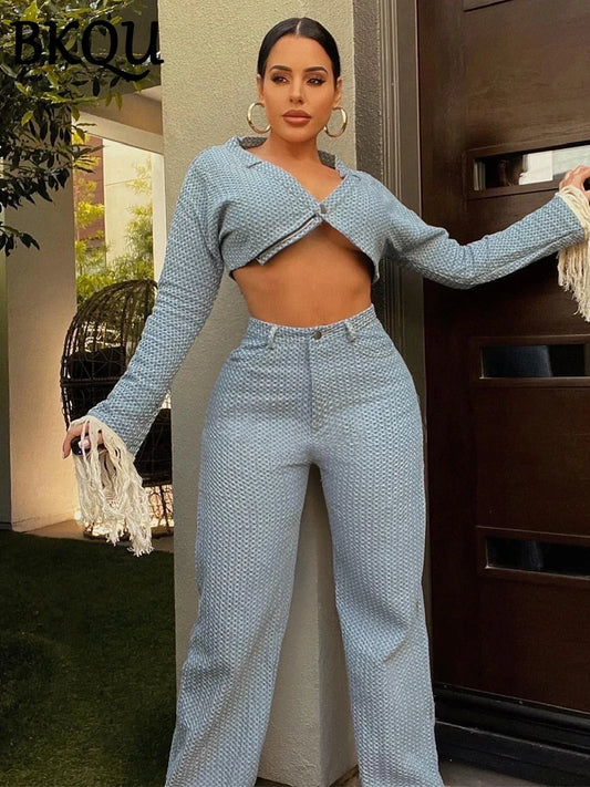 BKQU Autumn Denim Pants Two Piece Sets Women Long Sleeve Tassel Short Jacket and Wide Leg Straight Jeans Matching Set Streetwear
