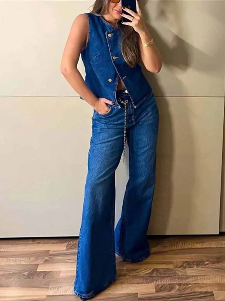 BKQU Elegant Waistcoat Jeans Suit Women 2025 Fashion Single Breasted Sleeveless Slim Vest Denim Wide Leg Pants 2 Piece Sets Lady