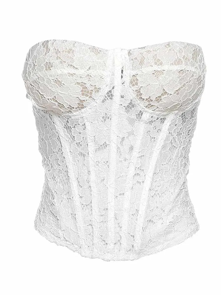 BKQU Elegant Ladies Two Piece Set White Lace Corset Tube Vest High Waist Satin Maxi Skirt Suits 2025 Luxury Party Womens Outfits