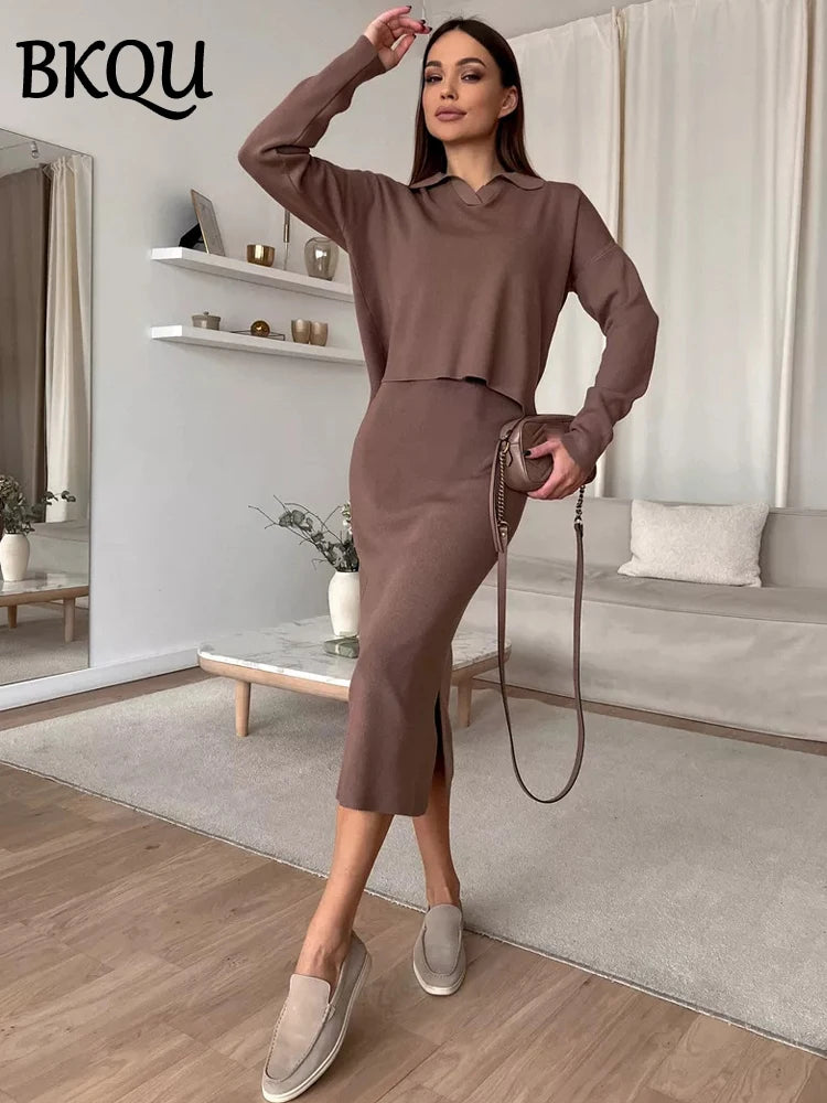 BKQU 2 Pieces Lapel Pullover Sweaters Long Skirt Suit Elegant Solid Knitted Sets For Women Bodycon Autumn Winter Party Outfits