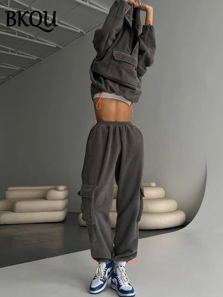 BKQU Fleece Tracksuit Winter Pants Two Piece Set Casual Lapel Zipper Sweatshirt Pocket Sweatpants Women Sports Suit 2 Piece Sets