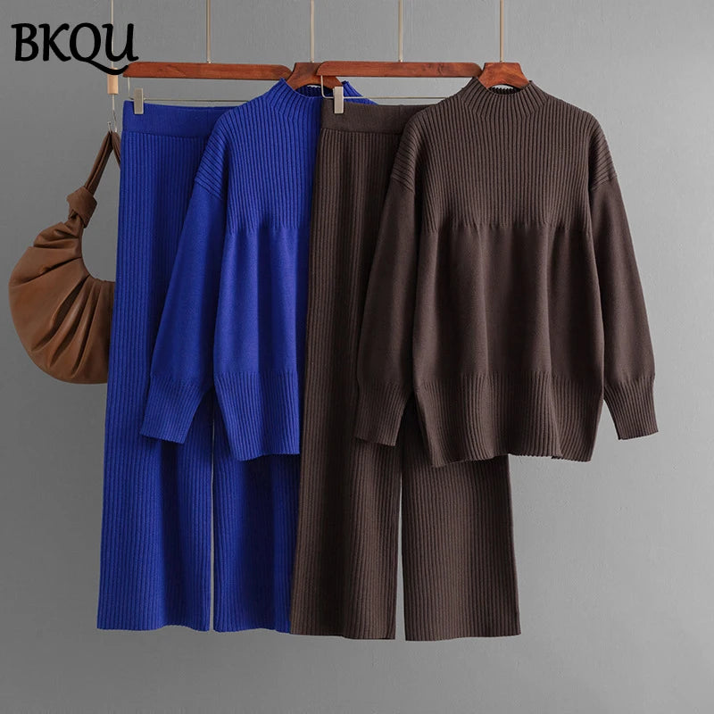 BKQU Loose Knitted 2 Pieces Women Sets Half Turtleneck Split Sweater and Wide Leg Pants Suits Winter Autumn Warm Knit Tracksuit