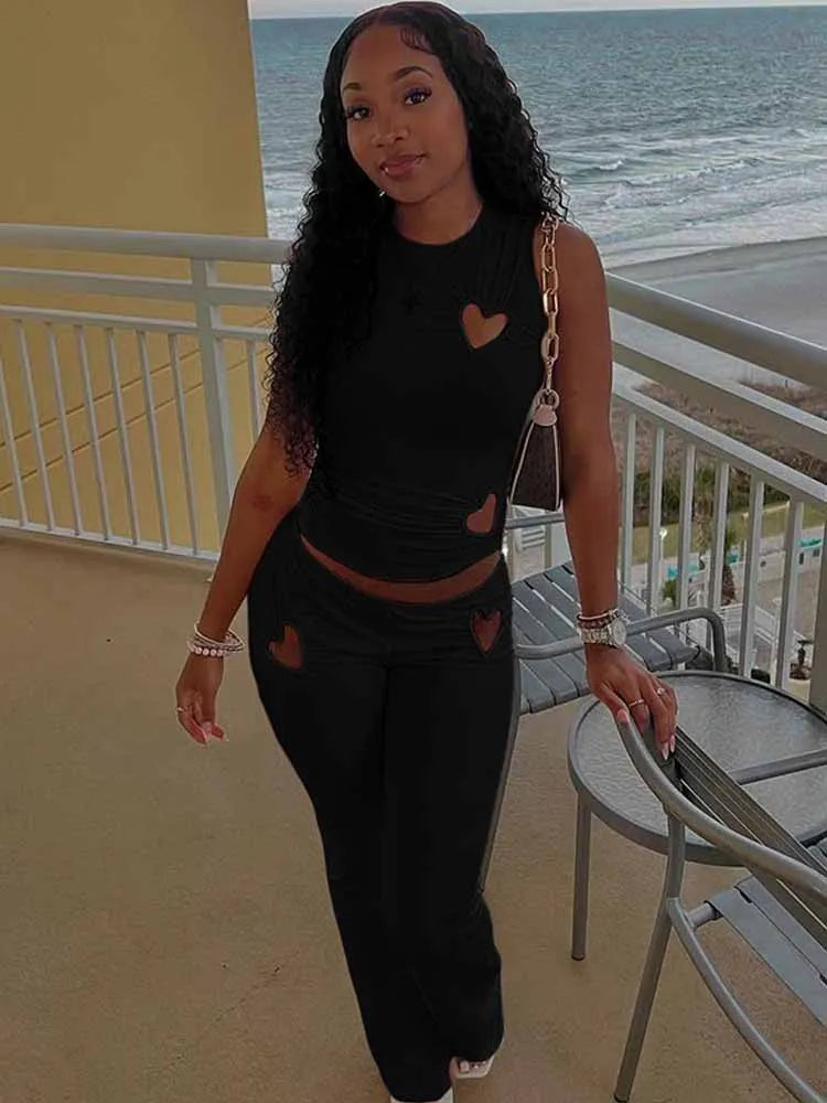 BKQU Heart Ruched Hollow Women 2 Piece Set Casual O-neck Sleeveless Tank Tops+High Waist Skinny Pants Suit Female Y2K Streetwear