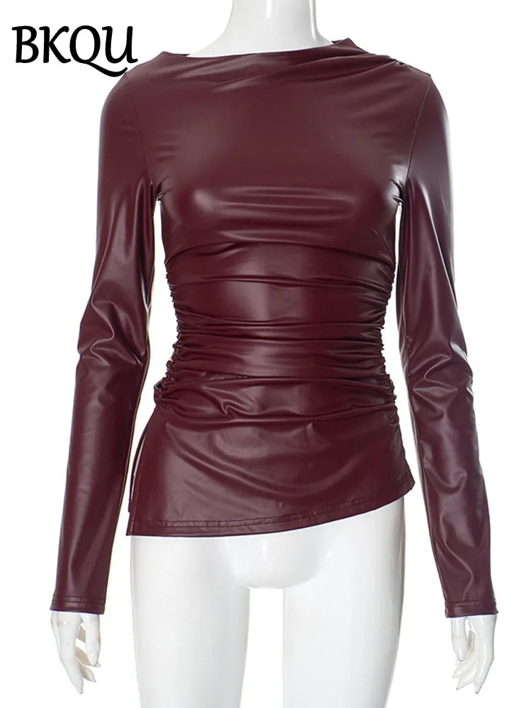 BKQU Ruched Skinny Leather T-shirt Women Fashion Wine Red O-neck Long Sleeve Tops Female Elegant y2k Tees Streetwear 2025 Spring