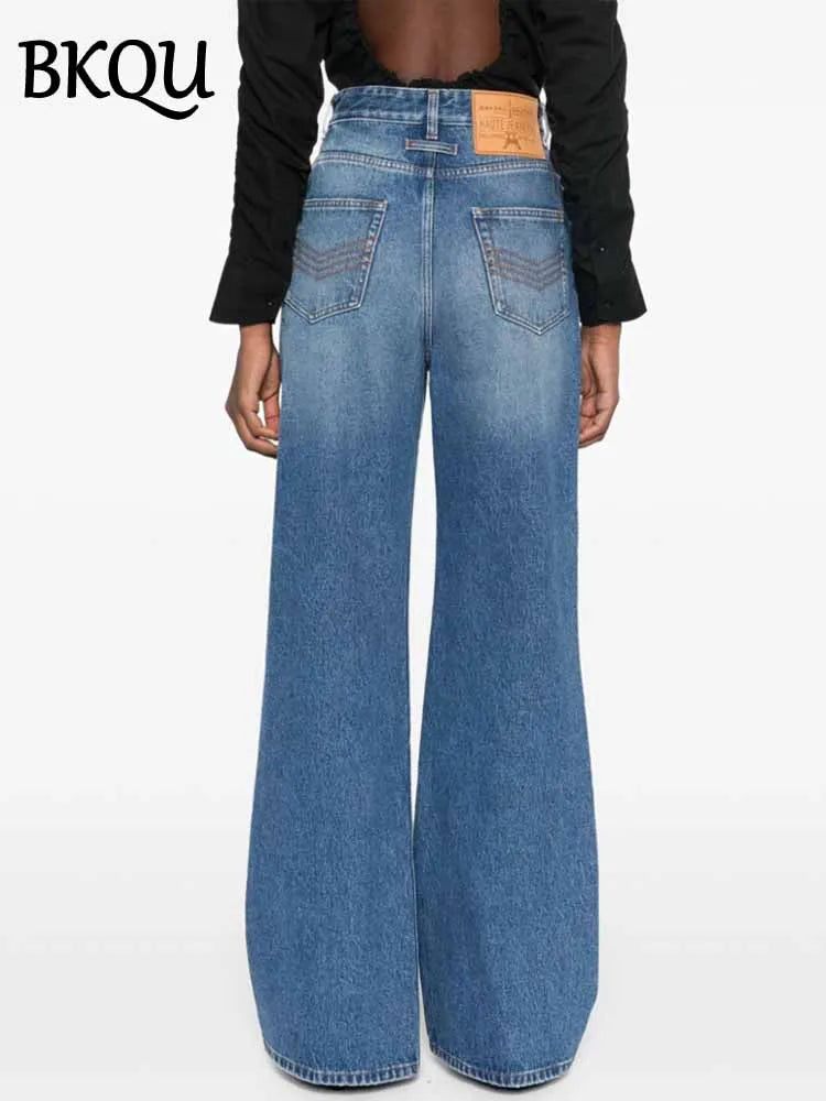 BKQU Straight Jeans Women Single Breasted Fashion High Waisted Loose Wide Leg Denim Pants 2025 Spring Elegant Streetwear Bottoms
