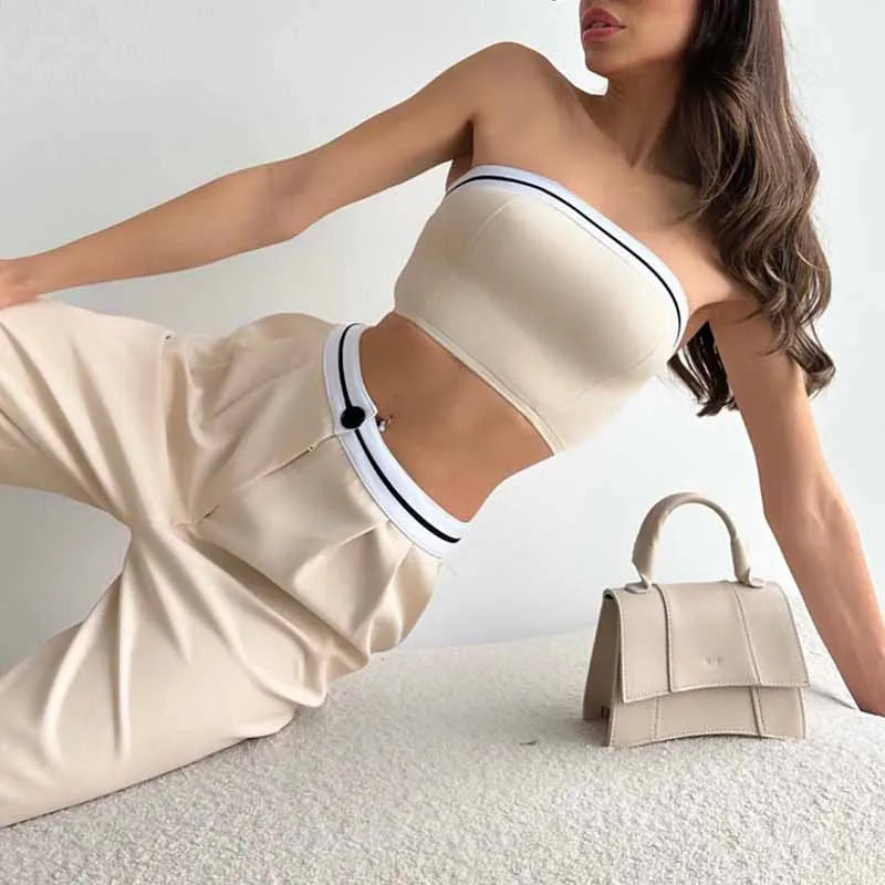 BKQU Strapless Vest Pants 2 Piece Set Women's 2025 Summer Contrast Sports Tube Bra + Wide Leg Trousers Casual Lady Street Outfit