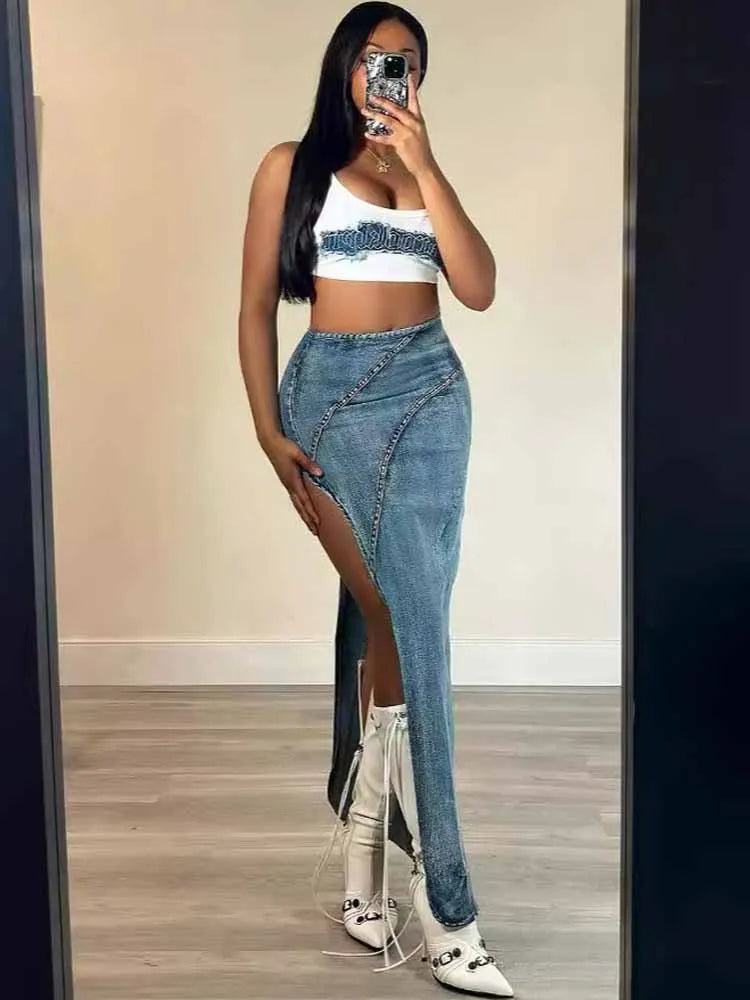 BKQU Irregular Sexy High Split Denim Skirt Women 2025 Summer Blue Fashion Bodycon Zipper Jean Long Skirt Vintage Hipster Bottoms