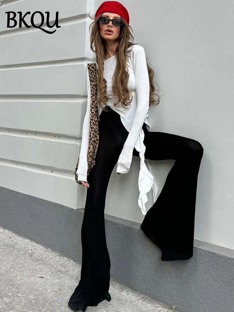 BKQU Ruffles Long Sleeve T-shirt Women Y2K Streetwear Fashion Slim O-neck Crop Tops Elegant Ruched Basic Tees Shirt Autumn 2024