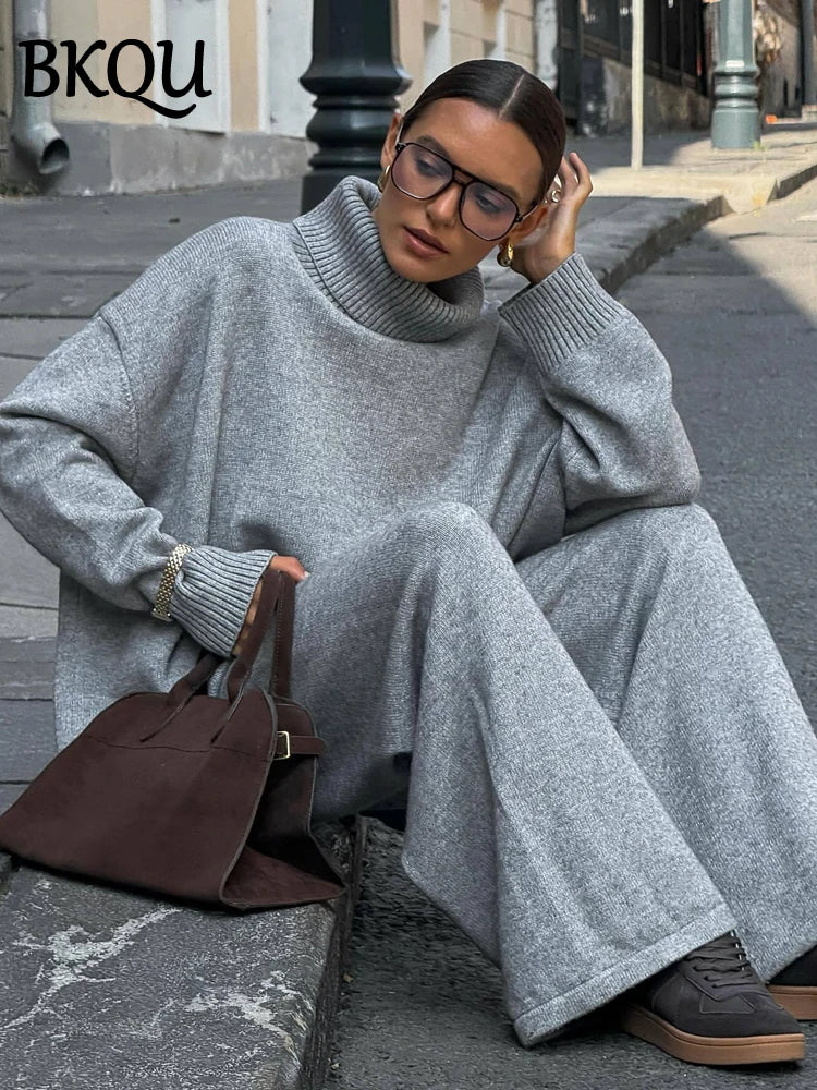BKQU Casual Turtleneck Sweater Pants Suits Women Knitted Soft Loose Pullover Wide Leg Pants 2 Pieces Sets Autumn Winter Homewear