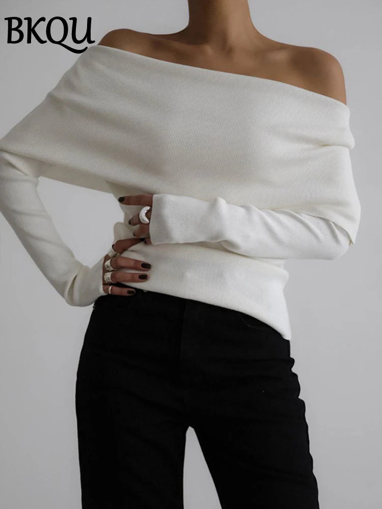 BKQU Elegant Off Shoulder Knitted T-Shirts Women Autumn Winter Slim Slash Neck Long Sleeve Pullover Tops Streetwear Basic Tees