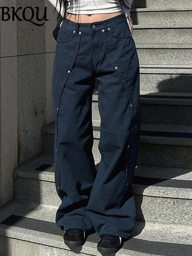 BKQU Wide Leg Cargo Jeans Women Low Waist Hollow Out Y2K Punk Baggy Pockets Straight Denim Pants Vintage Hip Hop Streetwear 2024