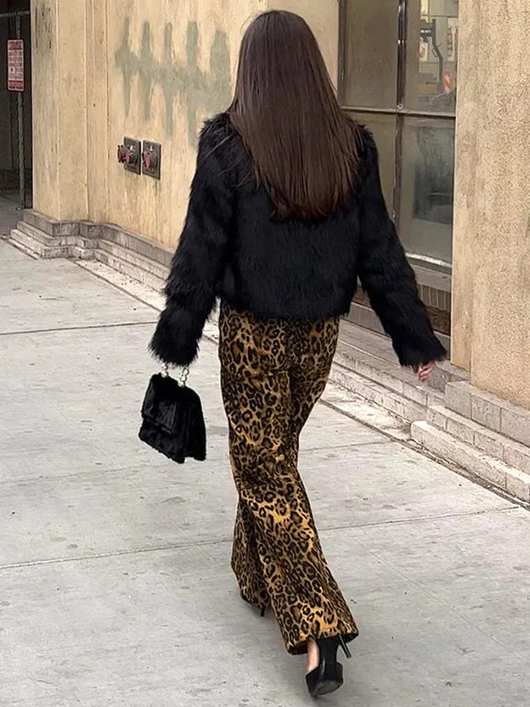 BKQU Leopard Print Wide Leg Pants Women Cotton Jeans Fashion High Waist Pocket Baggy Casual Straight Trousers Y2k Retro Street
