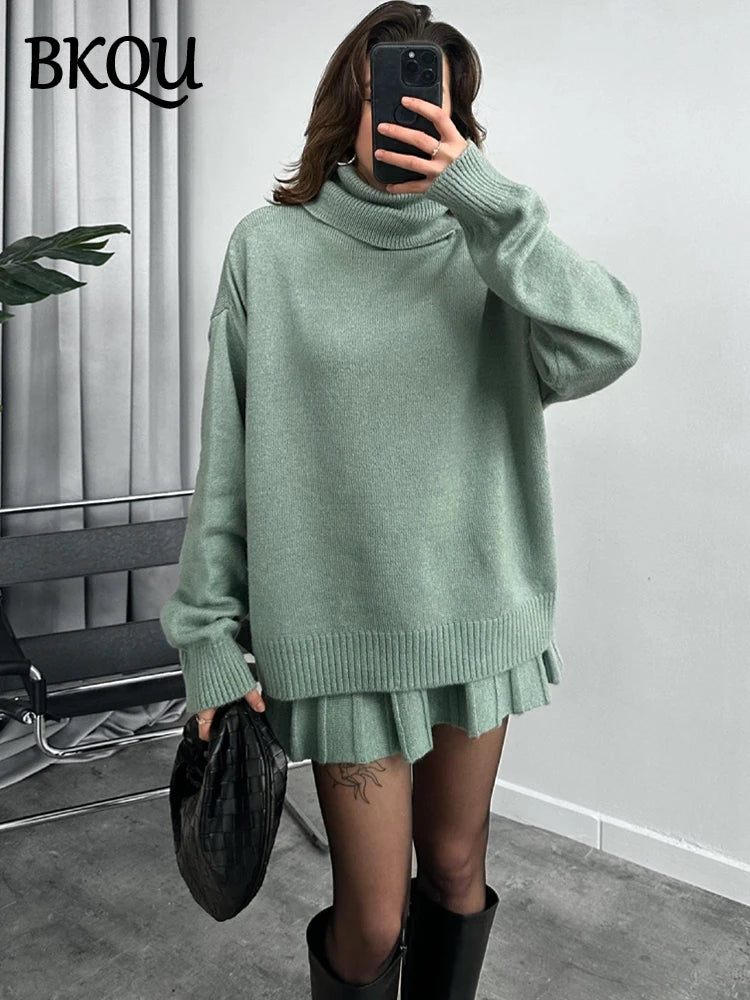 BKQU Solid Turtleneck Sweater Fashion Loose Pleated Mini Skirt Matching Set Female Streetwear Knitted Casual Lady 2 Pieces Set