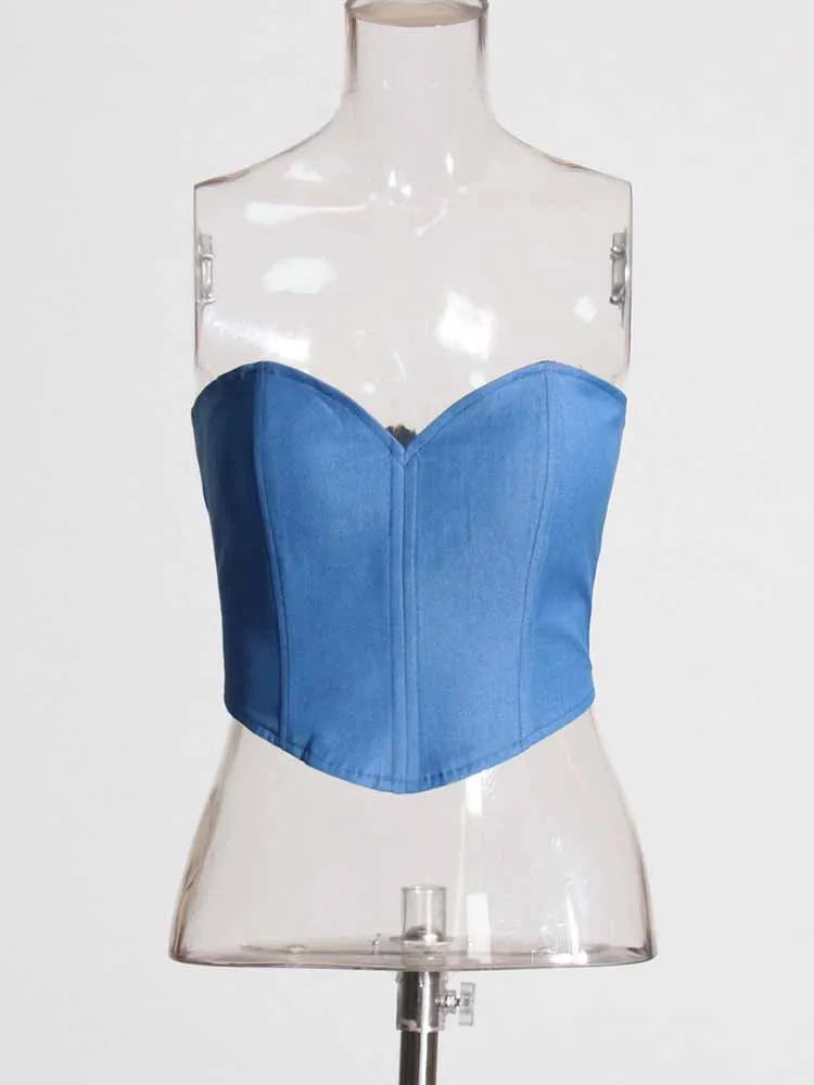 BKQU 2025 Fashion Two Piece Set Women Strapless Zipper Corset Tank Top High Waist Pleated Asymmetrical Skirt Female Sexy Outfits