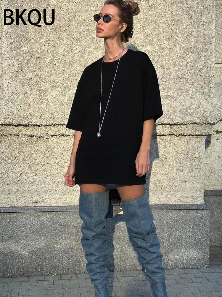 BKQU Black T shirts for Women 2024 High Street Letter Rhinestone Loose O-neck Tees Top Short Sleeve Hot Diamonds Tassel Pullover