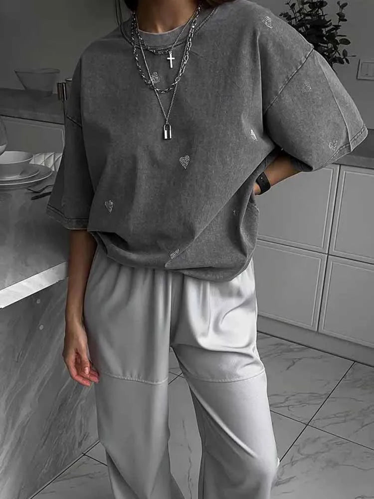 BKQU 100% Cotton Washed T-Shirts Loose Rhinestone Heart Women Summer Fashion O-Neck Short Sleeve Tees Y2k Female Vintage Clothes