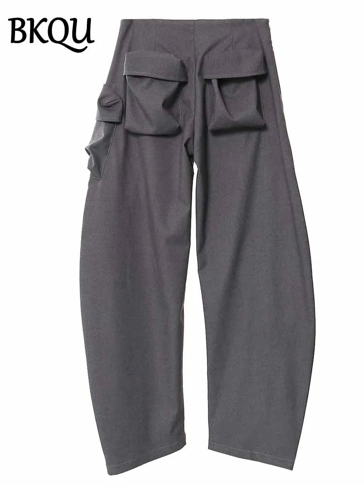 BKQU Multi Pockets Cargo Pants Women Gray Baggy Sweatpants 2025 Streetwear Fashion Low Waist Oversized Joggers Straight Trousers