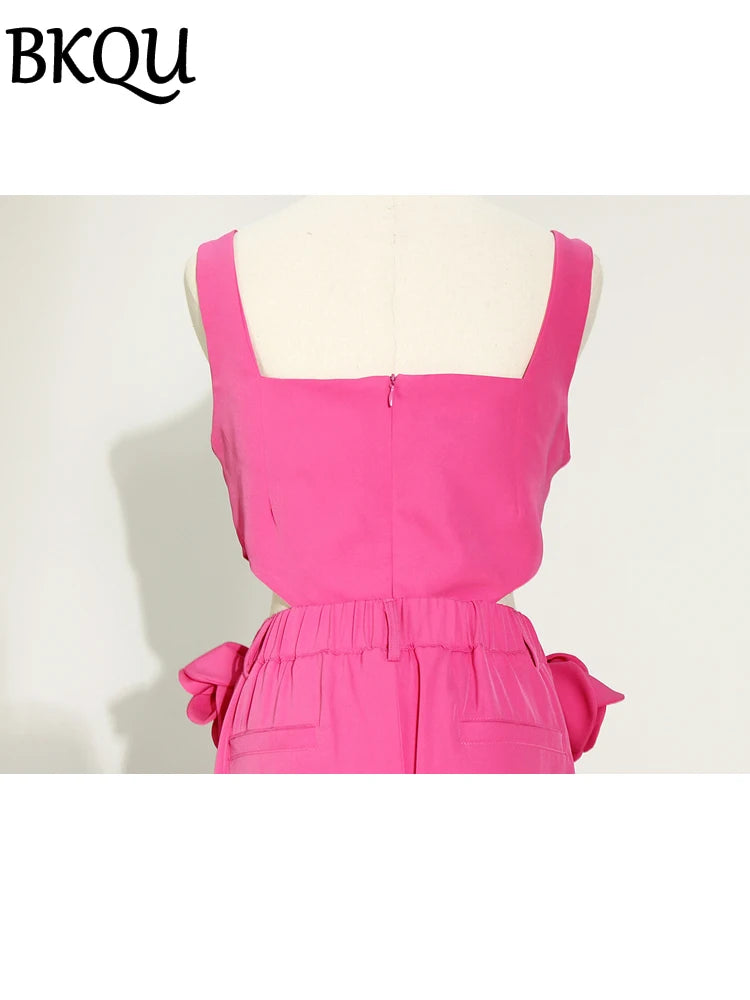 BKQU Trendy Pants Two Pieces Set Women 3D Floral Sexy Hollow Out Vest High Waist Flare Trousers Sets Elegant Lady Party Outfits