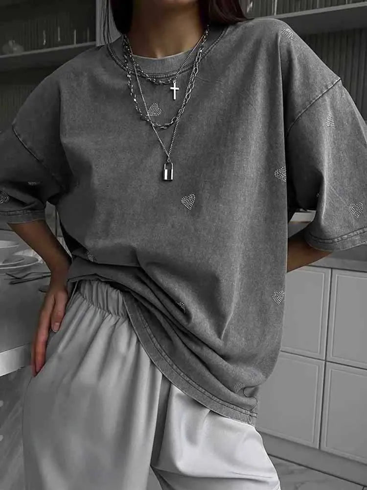 BKQU 100% Cotton Washed T-Shirts Loose Rhinestone Heart Women Summer Fashion O-Neck Short Sleeve Tees Y2k Female Vintage Clothes