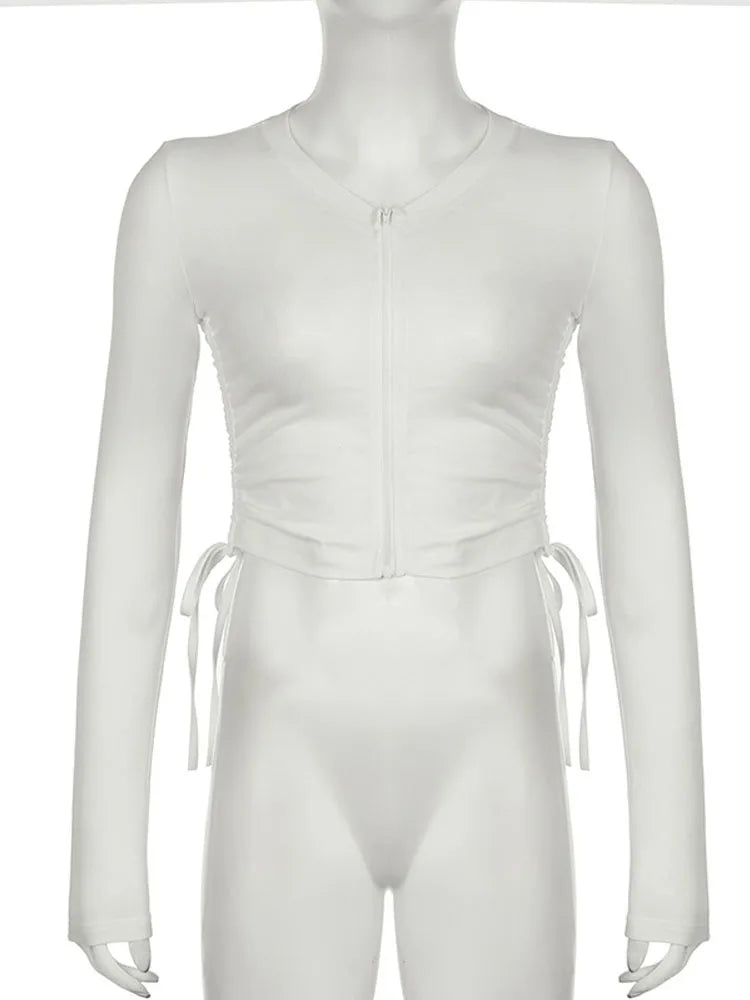 BKQU Casual V-Neck Zipper Long Sleeve T-shirt Women Solid Y2k Drawstring Lace Up Bodycon Sexy Crop Tops Fashion Basic Streetwear