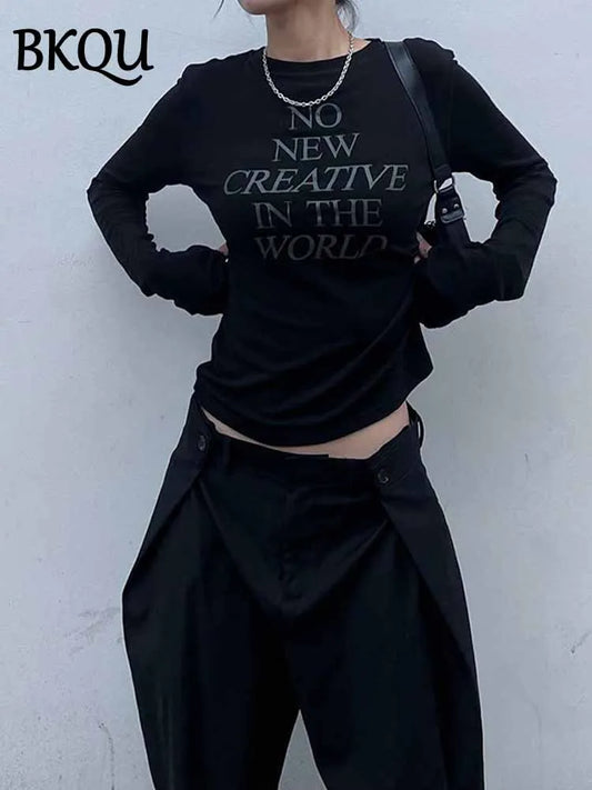 BKQU Harajuku Y2k Letter Print Black T-shirt Women 2025 Spring Long Sleeve Cotton Tops Femme Casual All Match Loose Streetwear