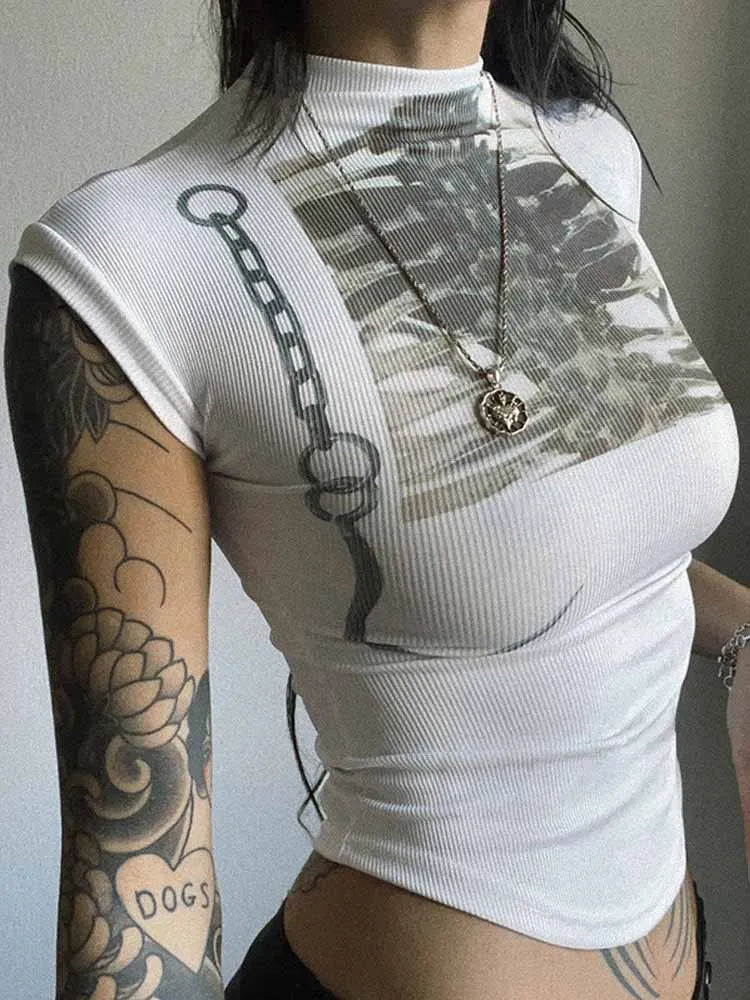 BKQU Vintage Print Graphic T Shirts Women Y2k Aesthetic Skinny Crop Top Summer Casual White Knitted Short Sleeve Basic Tees 2025