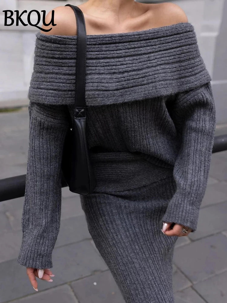 BKQU Knitted Women's Two Pieces Elegant Off Shoulder Sweater Pullover Slim Long Skirt Suit Autumn Winter Party Warm Lady Outfits
