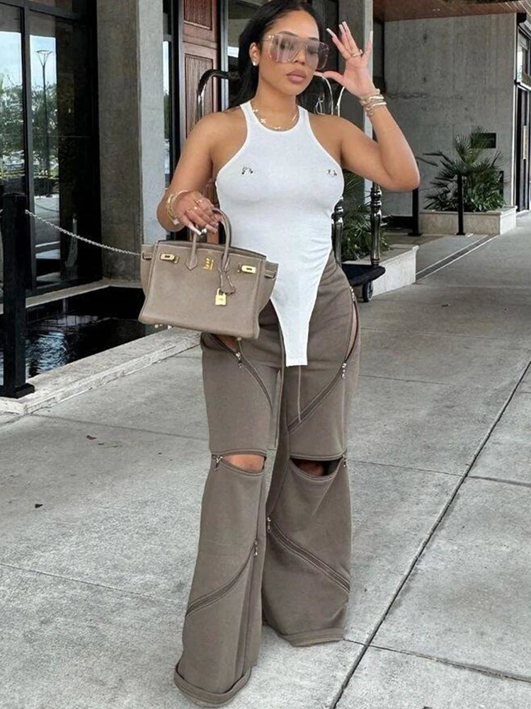 BKQU Women Sweatpants Fashion Zipper Adjust Hole Casual Baggy  Wide Leg Pants Streetwear Harajuku Drawstring Jogger Trouser 2024