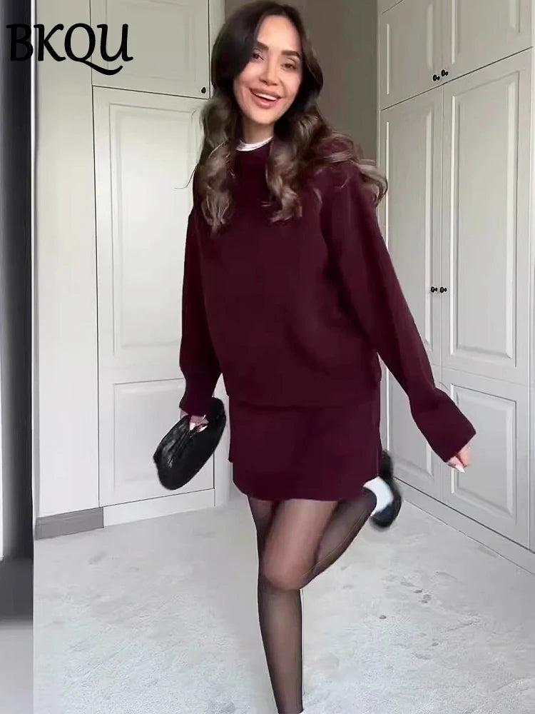 BKQU Sweater Skirt Sets For Women 2 Pieces Knit Casual Versatile Long Sleeve Pullover Elegant Solid High Waist Mini Skirt Outfit