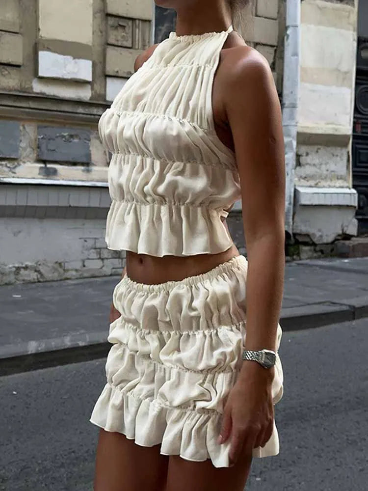 BKQU Ruched Sexy Dress Suit Women Halter Backless Lace Up Tank Tops Ruffle Mini Skirts 2 Piece Set Elegant Mesh Vacation Outfits