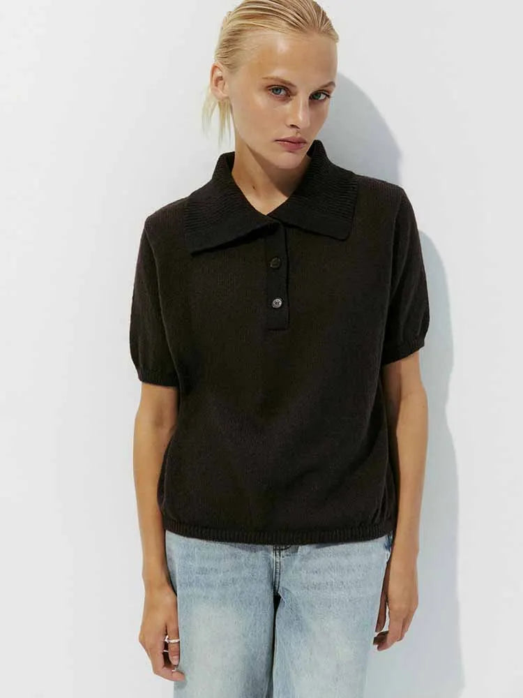 BKQU Knitted Polo Shirt Women Elegant Short Sleeve Loose T-shirt 2025 Summer Multicolour Hollow Out Lapel Knit Pullover Top Y2K