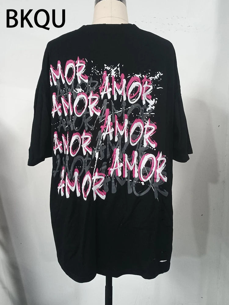 BKQU Letter Print Oversized T Shirt Aesthetic Y2k Ripped Clothes Women Short Sleeve Fashion Contrast Holes Loose Tee Streetwear