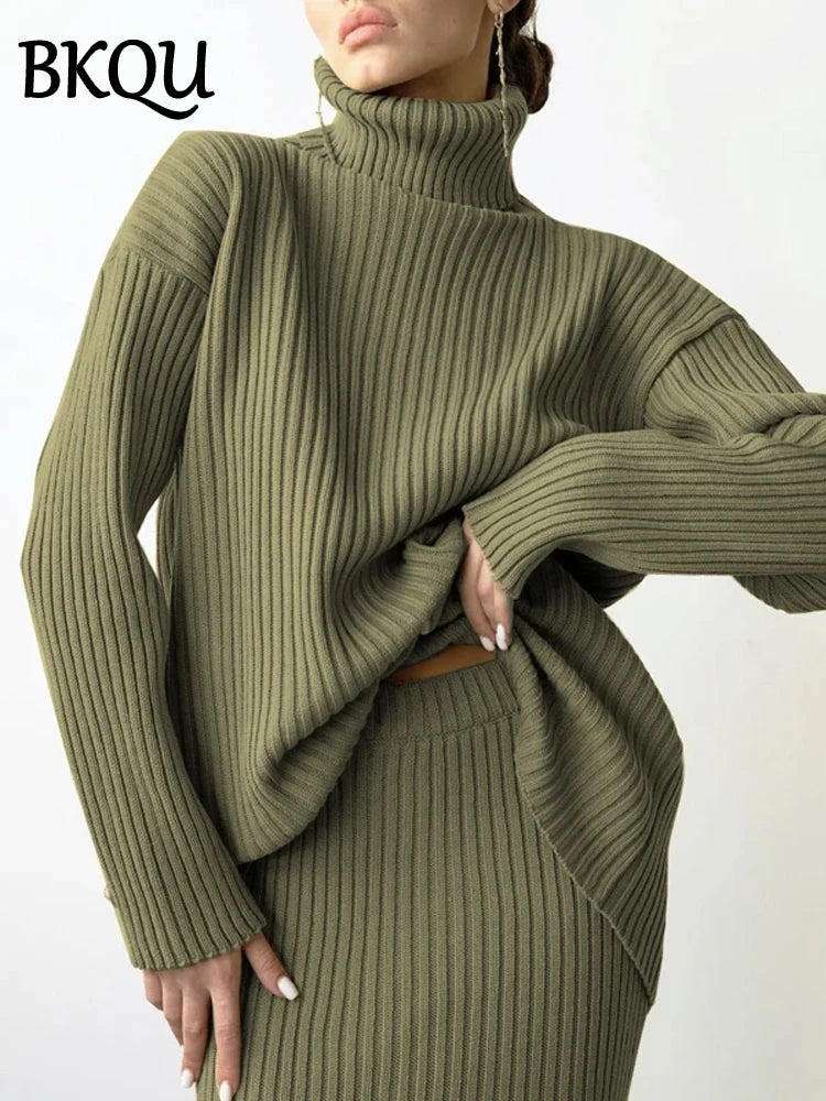 BKQU Turtleneck Sweater Elegant Knitted Skirt Suit Women Autumn Winter Soft Loose Pullover Elastic Slim Midi Skirt Two Piece Set