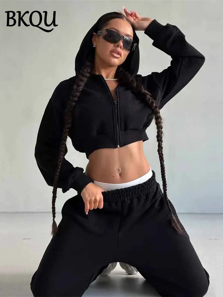 BKQU Pants 2 Piece Set Women Hoodies Tracksuit 2025 Spring Casual Zip Long Sleeve Jacket +Elastic Waist Sweatpants Matching Suit